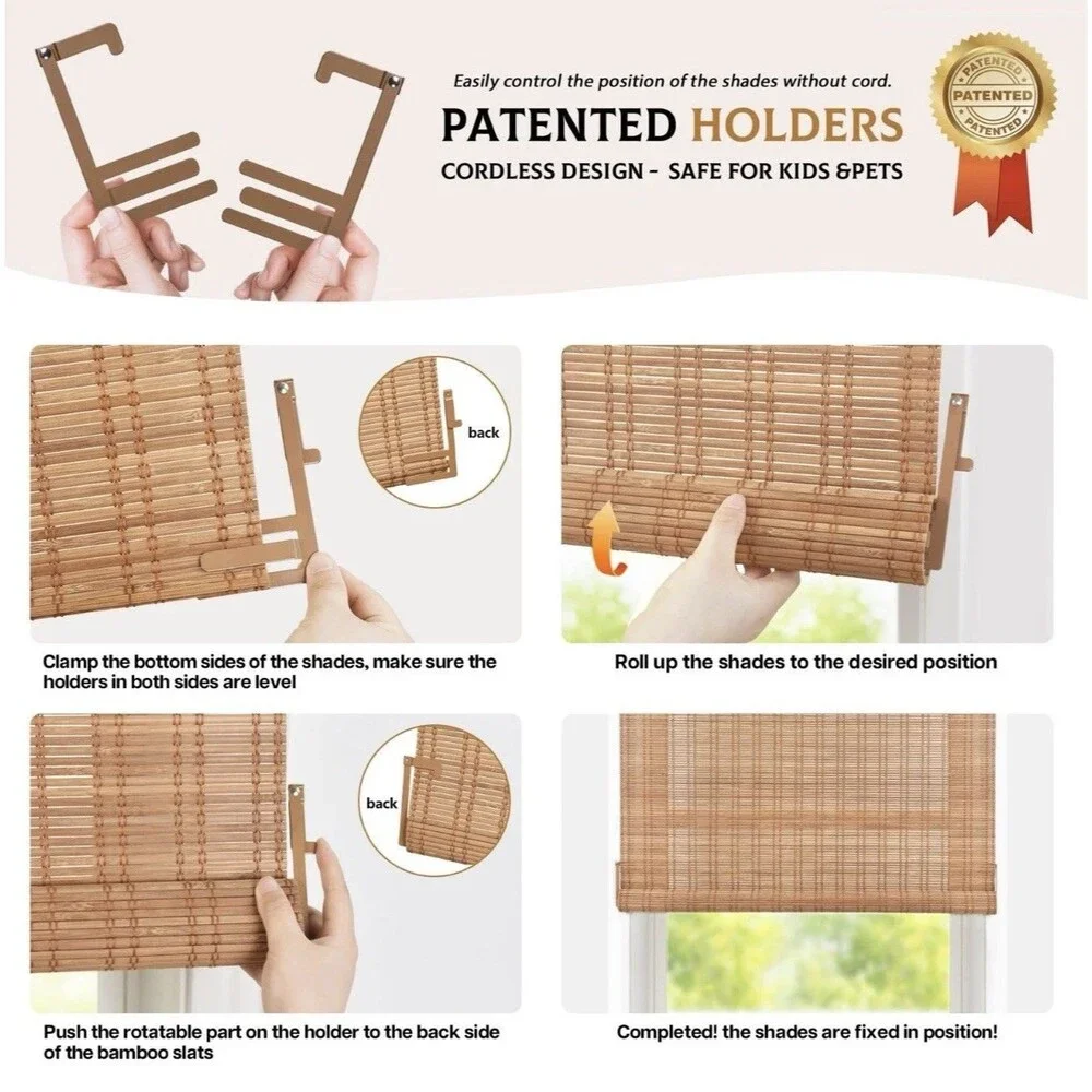 LazBlinds Cordless Bamboo Blinds, Roll Up No Tools 31”W X 64”H Brown